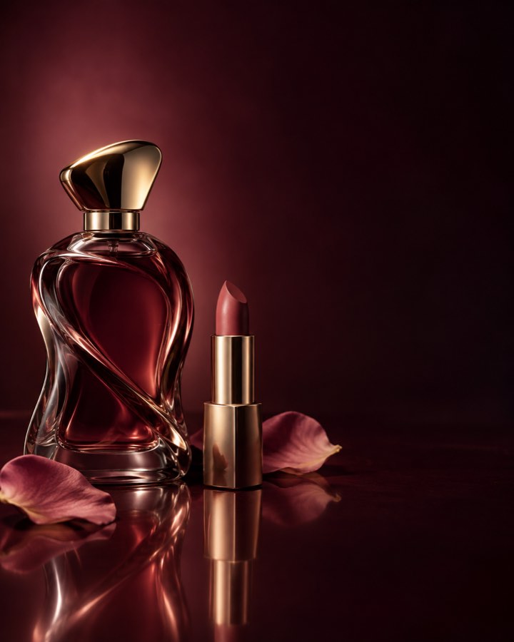 عطر ومستحضرات تجميل بتنسيق فاخر بدرجات العنابي والذهبي